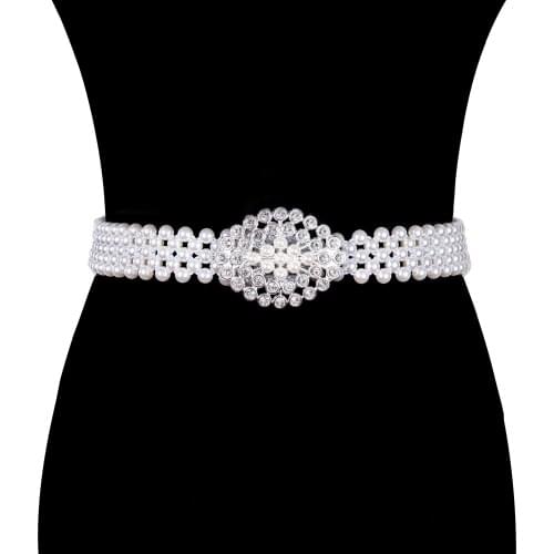 Hi-Tie Fashion Women Pearl Waist Belt Elastic Buckle Pearl Chain Belt Female Girls Dress Crystal Strap Pearl Elastic Belt