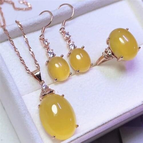 Jadery Charms Natural Yellow Chalcedony Jade Jewelry Sets For Women Silver 925 Necklace/Earrings/Ring Party Jewelry 2019 Gifts