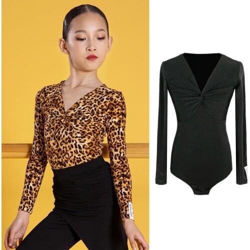 Girls Latin Dance Clothes Long Sleeve Tops Black/Leopard Print Leotard Professional Cha Cha Samba Salsa Kids Dance Wear BL5289