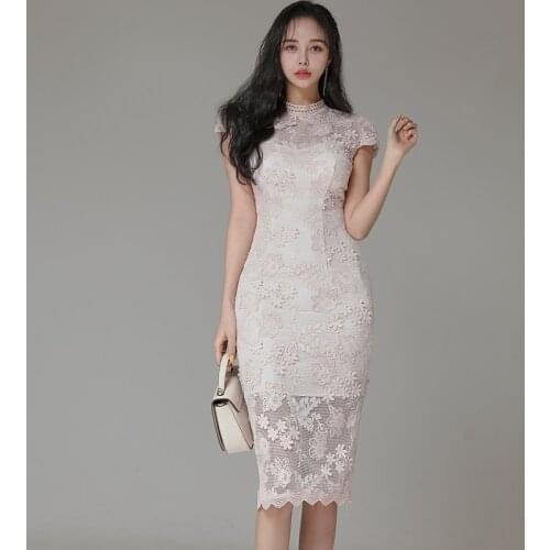 Korean Style Lace Short Sleeve Vestidos Elegant Stand Collar Slim Fashion Office Lady Work Wear Bodycon Dress 2021 Summer New
