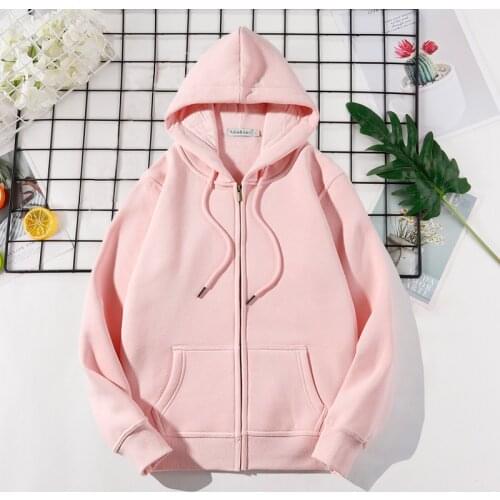 Fashion Pink Zipper Sweatshirt Women Spring Autumn Plush Pocket Hoodies Loose Korean High Quality Cotton Coat Femme Jacket
