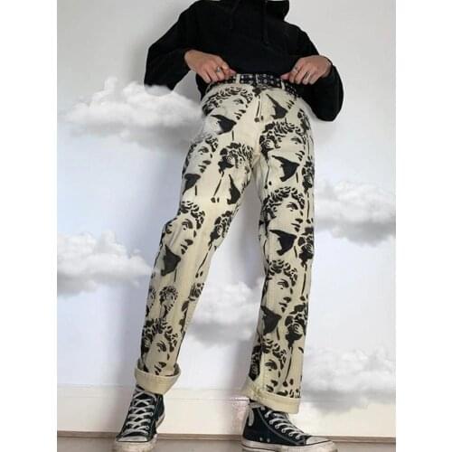 Men Printed Statuary Jeans Casual denim Straight-leg Pants Harajuku Streetwear Men Fashion Loose Hip Hop trousers Size S-3XL