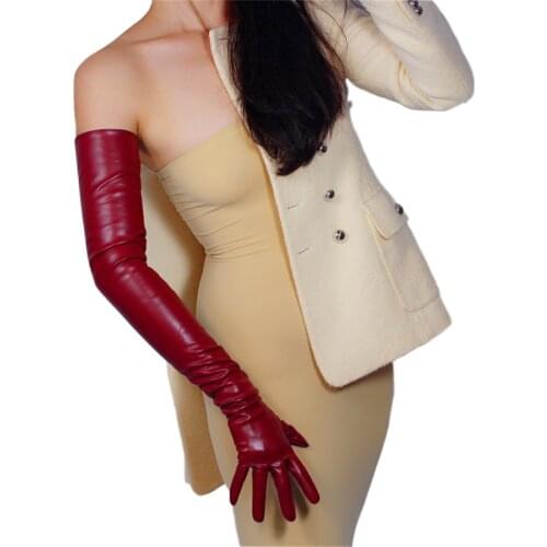 Extra Long Leather Gloves 70cm Over Elbow Simulation Leather Imitation Leather Imitation Sheepskin PU Crimson PUSH70