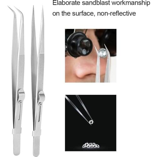 1Pc Stainless Steel Tweezer Straight Curved Tip Diamond Grading Gem Identification Selflock Tweezer Jeweler Jewelry Making Tool