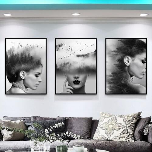 Modern Decorative Poster Black White Art Mysterious Girl Silhouette Landscape Painting Print On Canvas Home Room Decor No Frame