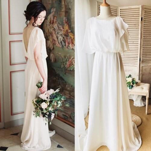 Simple backless chiffon bride bridal gown wedding party photography bridesmaid real factory real sample photo