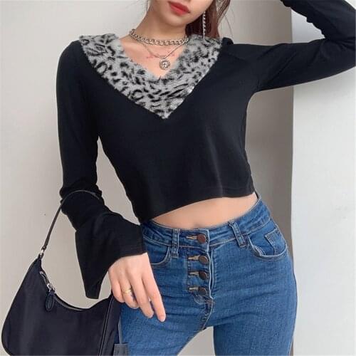 Shirts 2021 Womens Casual V-neck Hairy Leopard Print Stitching Slim Short Long Sleeves Casual Pullover For Female