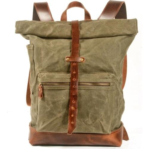 Handwork Backpack Men Waxed Canvas Crazy Horse Leather School Backpacks For Youth Laptop Bags Waterproof Outdoor Hiking Rucksack