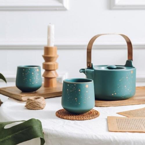 Xi Dian Jin Series Household Teapot Tea Set Japanese Matte Ceramic Afternoon Tea Cup with Acacia Mangium Base Support