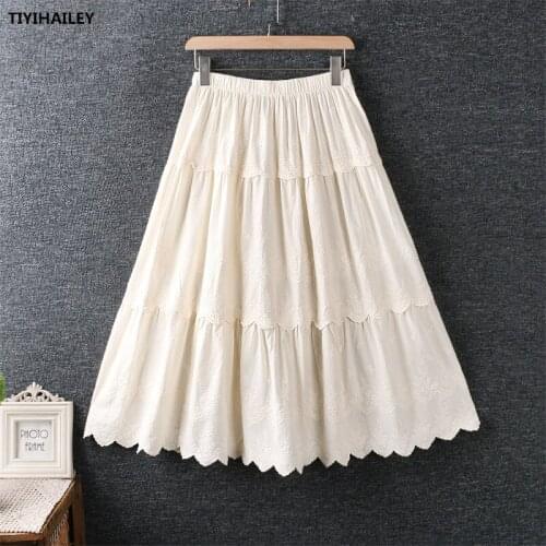 TIYIHAILEY Free Shipping 2021 New Cotton Linen Women Skirt Summer Long mid-calf Elastic Waist White Black A-line Embroidery