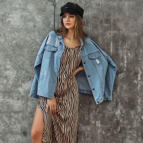 Fashion casual denim jacket women 2021 new Loose stitching long-sleeved jacket with ripped lapel