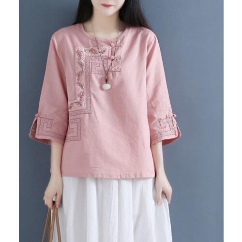 2021 Spring Summer Retro Button Cotton and Linen Shirt Women Chinese Round Neck Embroidered Shirt Zen Tea Service Tops