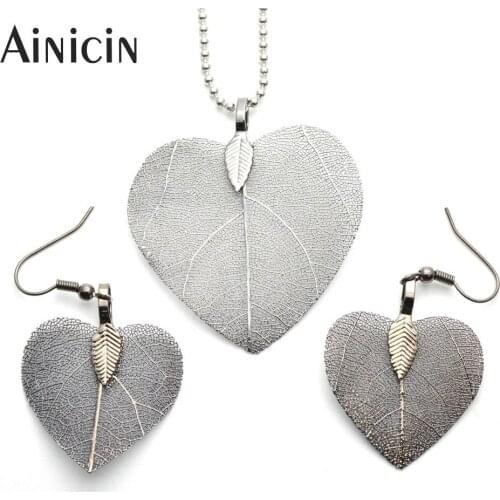 1set Fashion Women Dangle Earrings Gun Black Plated Real Leaves Heart Hook Earring Birthday Gift Jewelry