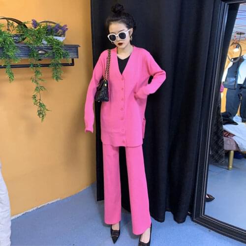 Women 2020 Spring Autumn New Fashion Sets Female Casual V-Neck Knitting Cardigan Sweater Coat + Wide Leg Pants 2 Piece Set L489