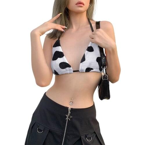 Imcute Womens Cow Pattern Hairy Camisole Summer Fashion Sexy Lace Up Halter Tank Top Swimsuit Top 2020 New Hot