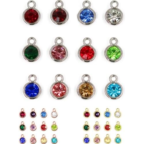 12pcs Round Silver Color Rose Gold Color Birthstone DIY Birthday Stones 12 Months Alloy Size 7*10mm Charms Pendants