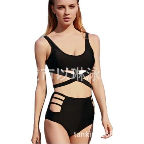 2020 Sexy Bikini European and American Black Sexy Plus Full Size Bikini Split Swimwear Female High Waist Hollow Belt Fat Large