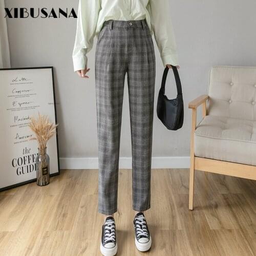 XIBUSANA Autumn Women Casual Plaid Loose Waist Button Harem Pants Long Woolen Trousers Female High Waist Long Pants Streetwear