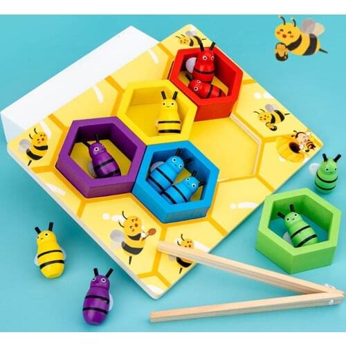 Wood Puzzle Montessori Beehive Game Learning Educational Hive Board Games Kid Clip Small Bee Toy Color Shape Cognitive Aids Gift