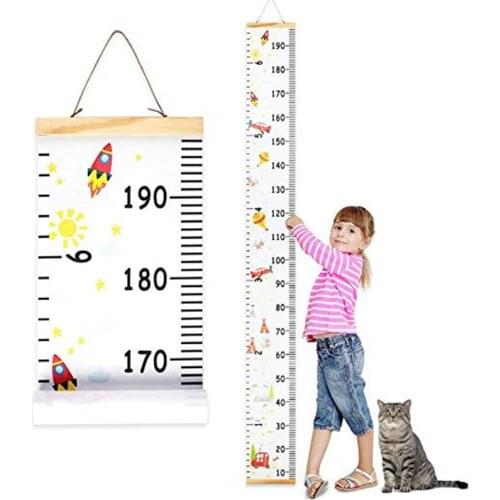 Kids Growth Chart Baby Roll-up Wood Frame Canvas Removable Wall Hanging Height Ruler Wall Art Home Decor