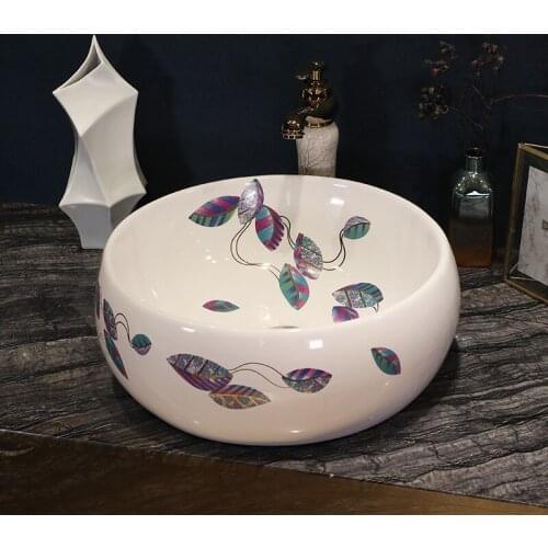 Leaf pattern Handmade Europe Vintage Style Lavobo Ceramic Bathroom Countertop Bathroom Sink hand painted ceramic sink