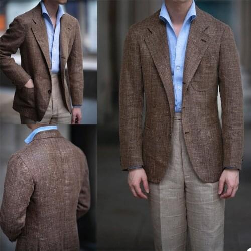 Plaid Linen Men Tuxedos Custom Made Two Buttons Handsome Blazer England Style Streetwear Daily Smart Casual Jacket Coat 1 Piece