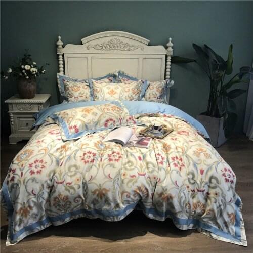 Perfect Blue Flower printed Egyptian cotton Bedding sets Queen King Pastoral Duvet cover Bed sheet set Pillowcases 4pcs 14 color