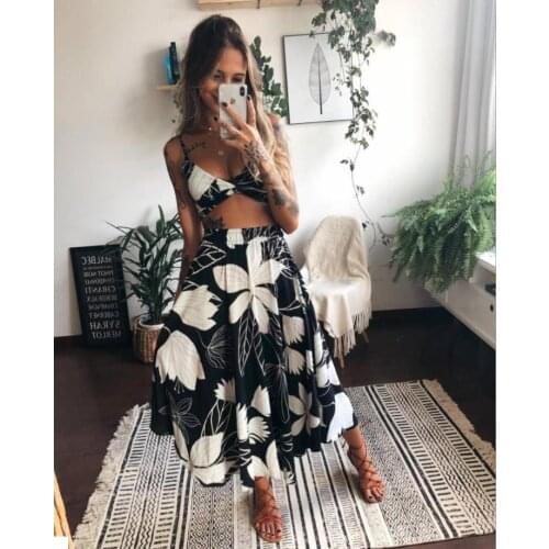 Summer Women Two Pieces Clothes Set Floral Sleeveless Crop Tops and Long Skirt Outfit Ladies Casual Clothing Set