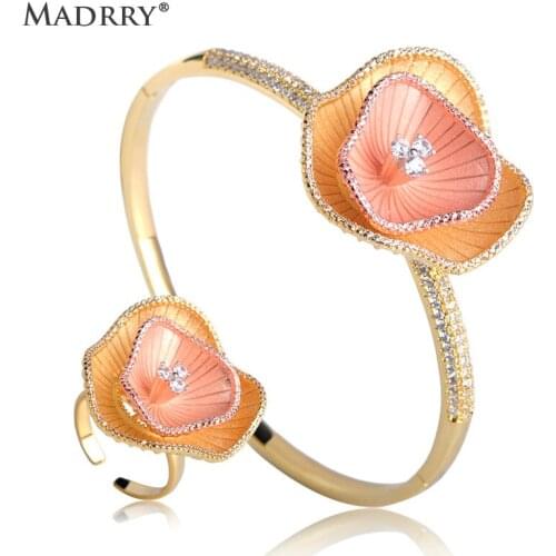 Madrry Two Layers Lotus Leaf Jewelry Sets Bracelet Bangles Rings Set for Women High Quality Brass Cubic Zirconia Accessories