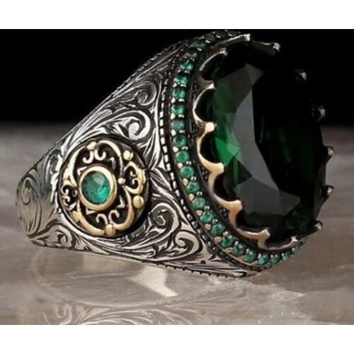 Retro Green Stone Rings for Women Ancient Silver Plated Wedding Jewelry Boho Vintage Carved Zircon Inlay Punk Finger Men Rings
