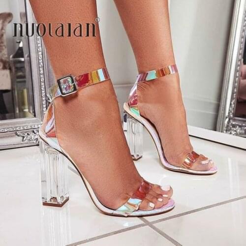 2019 NEW Fashion Women Pumps Celebrity Wearing Simple Style PVC Clear Transparent Strappy Buckle Sandals High Heels Shoes Woman