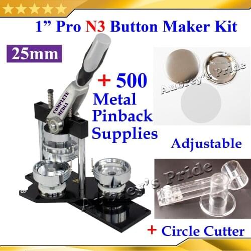 NEW Pro N3 1":25mm Badge Button Maker Machine + Adjustable Circle Cutter+500 Sets of Metal Pinback Button Supplies