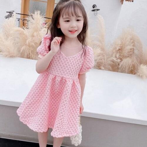 Baby Girls Clothes Summer Lady Fashion Pure Color Bubble Sleeve Jacquard Princess Dress Fashion Kids Clothes