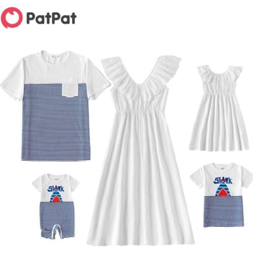 PatPat 2021 New Arrival Summer Mosaic Family Matching Cotton Sets (Solid Flounce Tank Dresses-Striped Tops-Rompers) Family Look