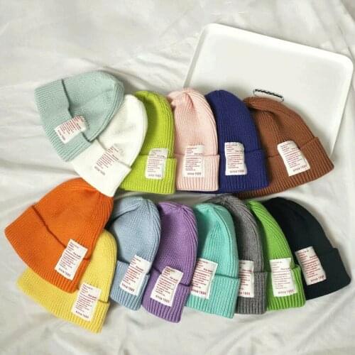 New Fashion Childrens Cloth Label Knit Hat Baby Autumn and Winter Hedging Cap Korean Version of Candy Color Wool Hats