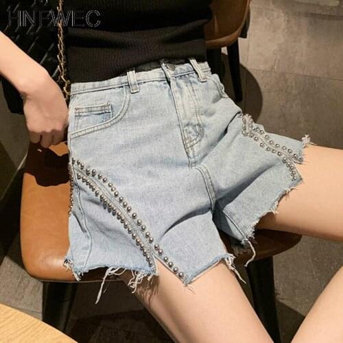 2020 NEW summer zippers shorts High waist beading pearl pocket light blue denim wide leg short pants V533