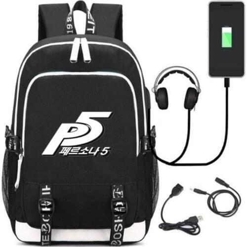 Persona 5 Shin Megami Tense Bag w/USB Fashion Port and Headphone Backpack Bag Casual Travel School Bag Teenager Laptop Bag Gift