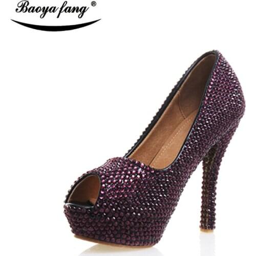 Purple crystal Bridal Wedding shoes Women Peep Toe fashion High heels Pumps woman real leather Platform shoes 12cm heel shoes