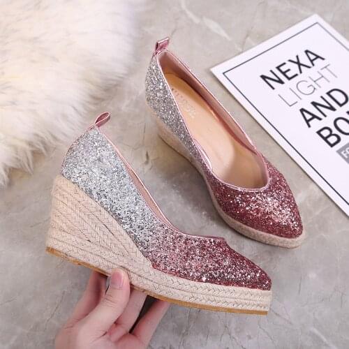 EAGSITY Sequined Wedges Shoes women High Heel espadrilles shoes Pumps slip on for Casual party wedding shoes