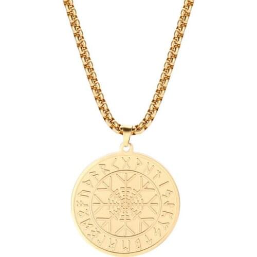 Vintage Gold Colour Compass Viking Runes Pendant Odin Symbol Norse Runic Talisman Stainless Steel Necklace Fashion Jewelry