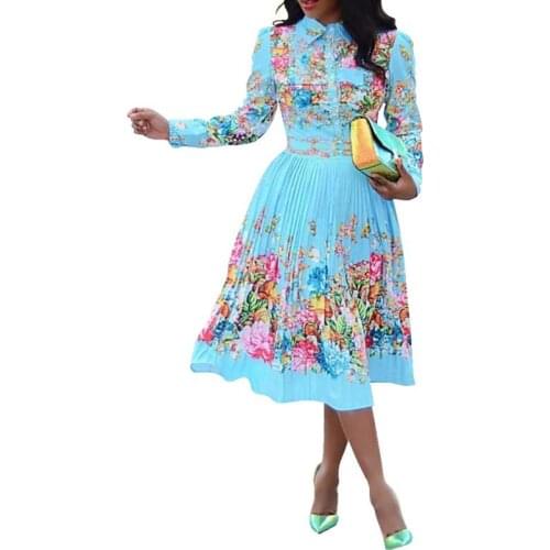 Women Clothing African Dress Urban Casual African Clothing European American Blue Print Long Sleeve Women Dresses Summer 2021