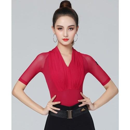 WomenS Latin Dance Tops Sexy V-Neck Long Sleeves Bodysuit Dance Practice Tights Female Ballroom Waltz Salsa Dance Wear DL5909
