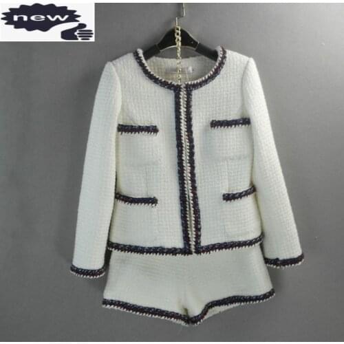 Top Quality Womens Luxury Jacket+Shorts Set White Black Wool Women Suits Autumn Tweed 2 Piece Office Lady Long Sleeve Coat