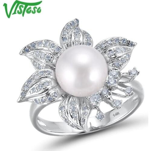 VISTOSO Genuine 14K 585 White Gold Elegant Fresh Water Pearl Shiny Diamond Ring For Lady Engagement Anniversary Chic Fine Jewels