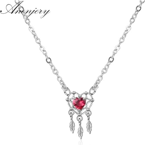 ANENJERY 925 Sterling Silver Sweet Red Love Heart Dream Catcher Necklace For Women Short Clavicle Chain Christmas Gift S-N300
