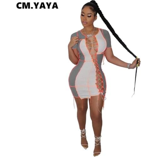 CM.YAYA Women Dress Patchwork Criss-cross Lace Up Hollow Out Sheath Elastic Mini Dresses Sexy Night Club Party Dress Summer 2021