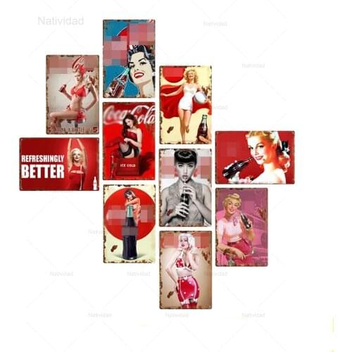 Retro Cola Girl Tin Sign Metal Poster Sexy Pin Up Girl Vintage Iron Plates Pub Beer Bar Wall Decorative Cola Sign Home Decor