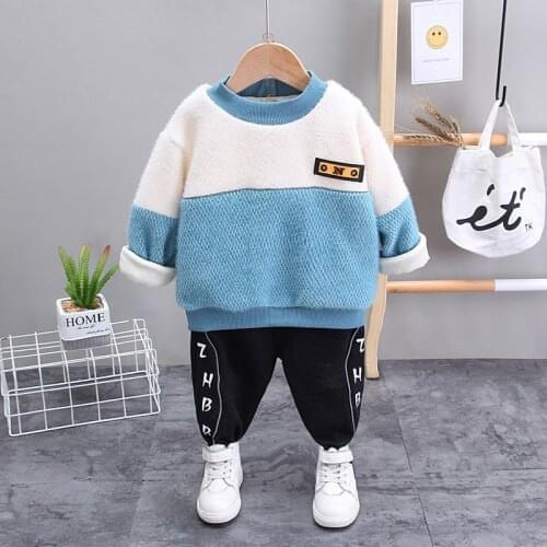 Winter warm Fashion New Kids Cartoon Clothes Girls Boy Baby Thicken velvet coat Pants 2Pcs/Sets Children Casual Cotton Tracksuit