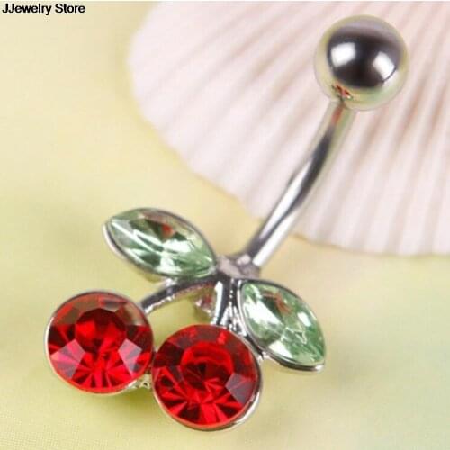 1Pc High Grade Rhinestone Belly Button Red Cherry Sexy Lovers Navel Barbell Ring Body Piercing Hot Sale