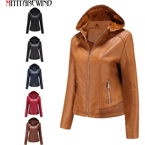 2021 Winter Leather Jacket Women Thick Warm Fleece Coat Female Faux PU Leather Bike Jacket Hooded Winter Jacket Women Size XS-XL